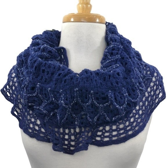 Dark Blue Open Knit Crochet Loop Infinity Scarf - Picture 1 of 8